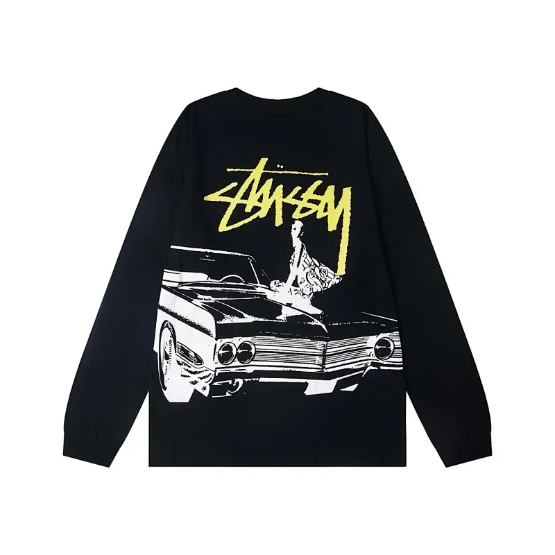 Stussy Black Long - Sleeve T - Shirt with Retro Car & Figure Graphic