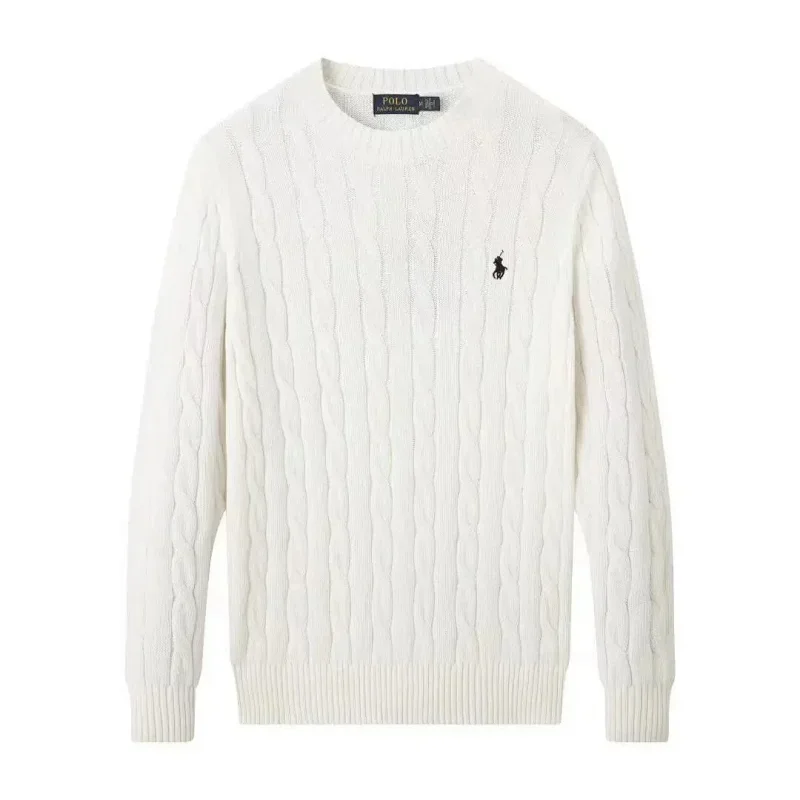 POLO White Cable - Knit Crew - Neck Sweater with Black Pony Logo