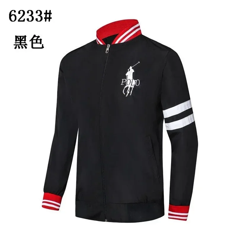 POLO 6233# Black Jacket, Baseball Collar, Red - White Stripes, Polo Logo, Zipper Front