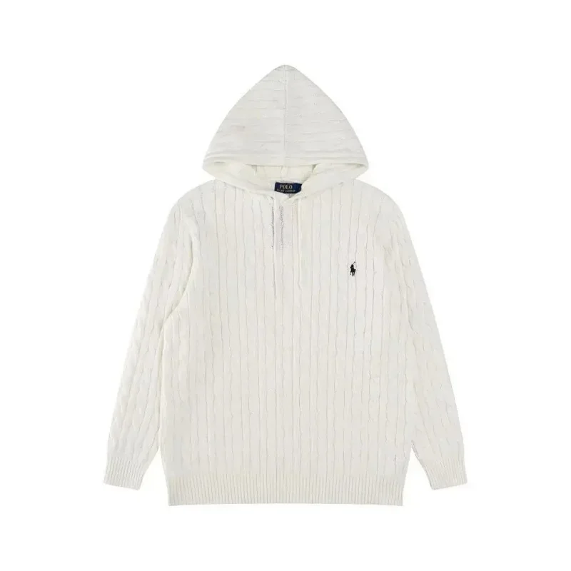 Polo White Cable - Knit Hooded Sweater with Pony Logo