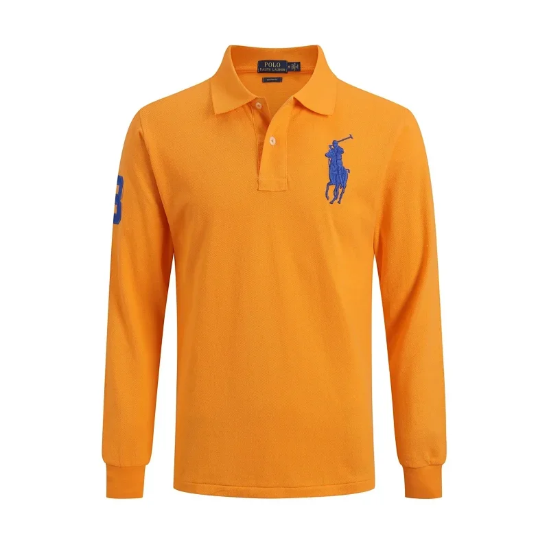 Polo Orange Long - Sleeve Polo Shirt with Blue Big Pony & Sleeve Logo
