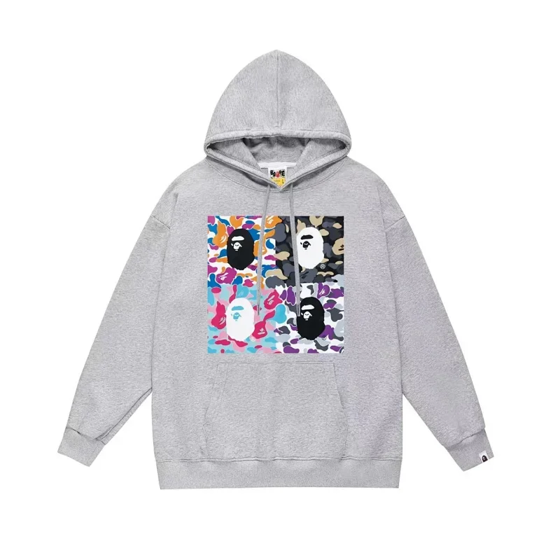 Gray BAPE Hoodie with Four - Panel Camouflage Ape - Head Graphic