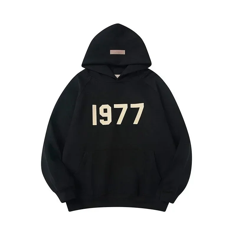 ESSENTIALS Black 1977 Hoodie with Kangaroo Pocket