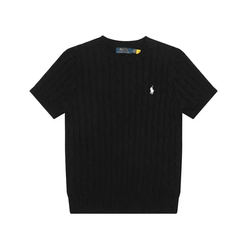 POLO Black Short - Sleeve Cable - Knit Sweater with Pony Logo