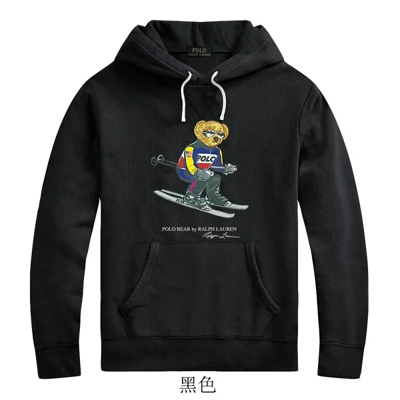 Black POLO Hoodie with Skiing POLO Bear Graphic & Kangaroo Pocket