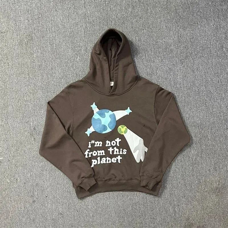Broken Planet Brown Hoodie with Earth, Rocket & "I'm Not From This Planet" Graphic