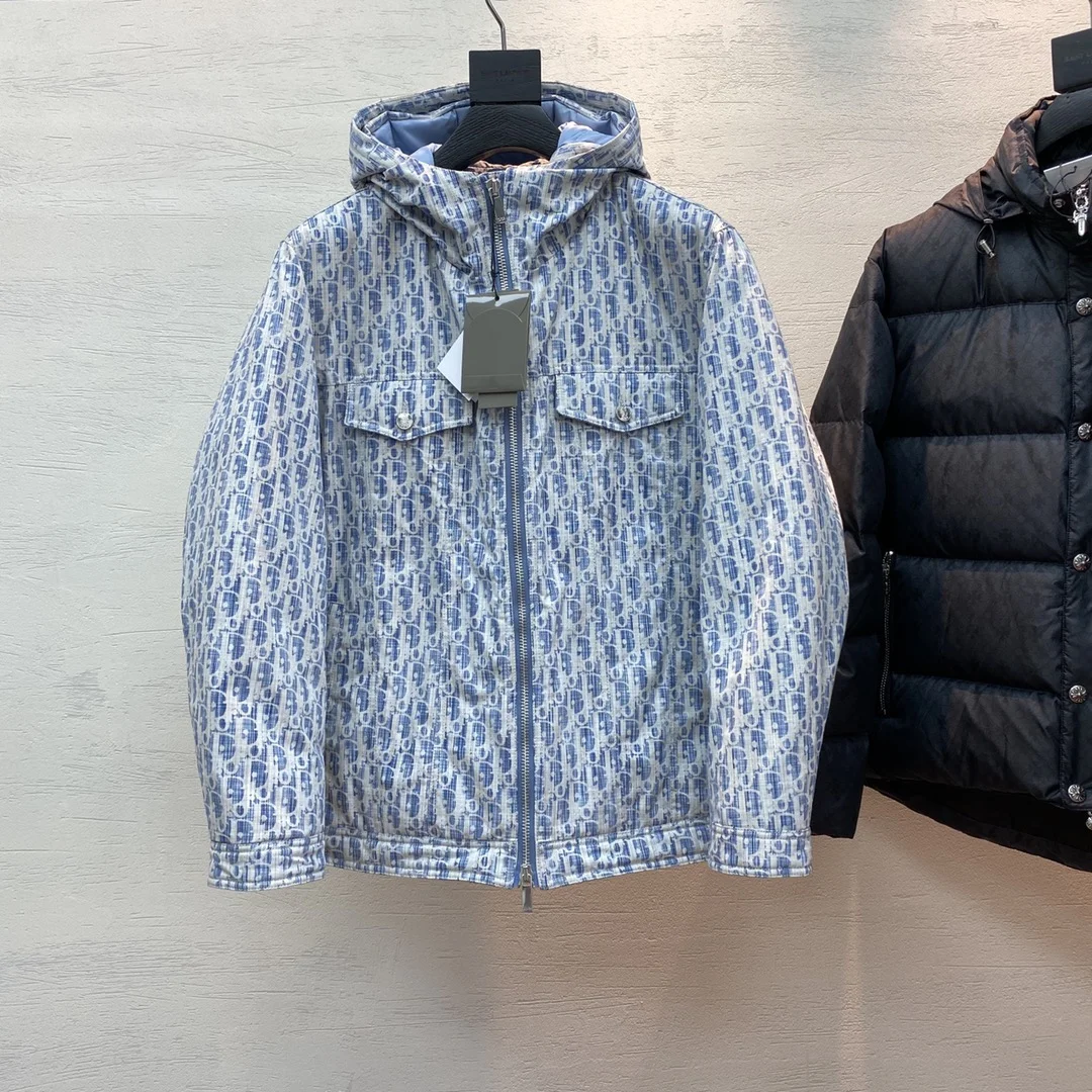 DIOR Customized Denim Hooded Down Jacket with D Logo (Blue)