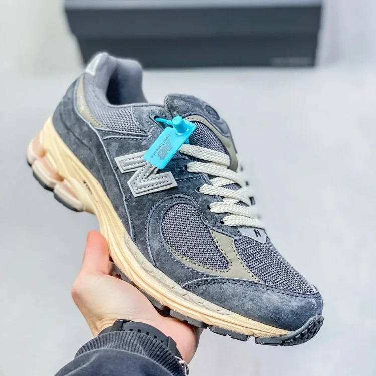 New Balance Gray Suede & Mesh Sneakers (White Laces, Beige Sole, Blue Tag)