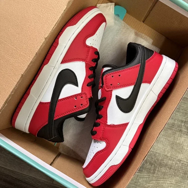 Nike Dunk Low Sneakers (Red/White/Black, Black Swoosh & Laces)