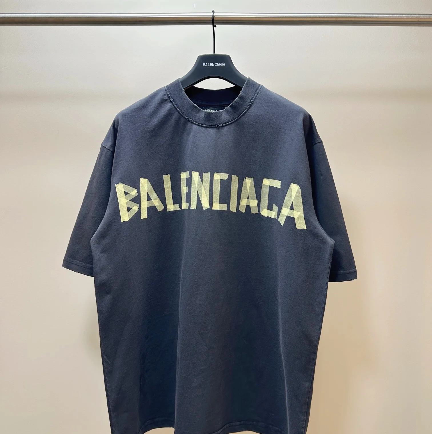 Balenciaga Blue Tape-Print Distressed T-Shirt