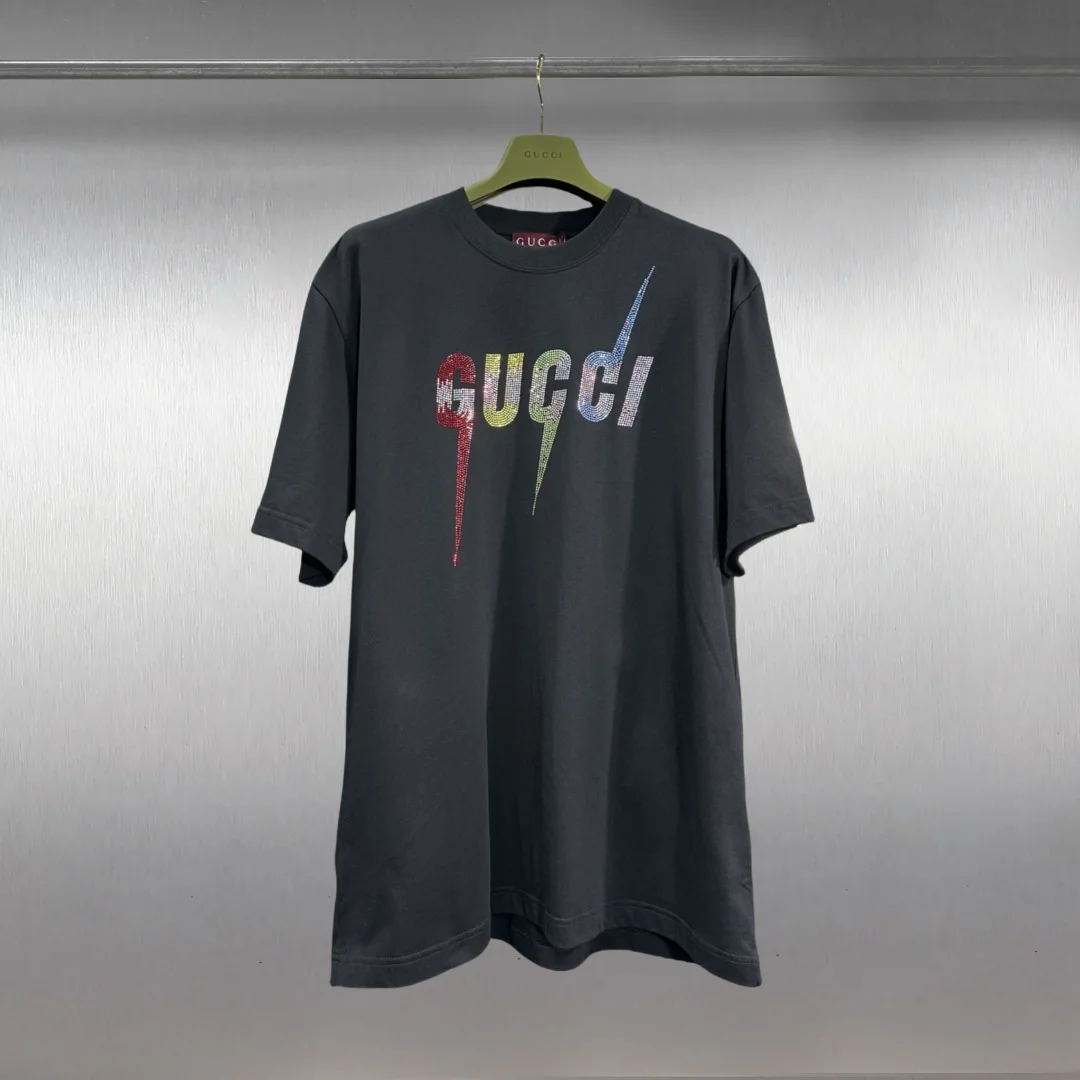 Gucci 25SS Black Lightning Rhinestone Crew T-Shirt
