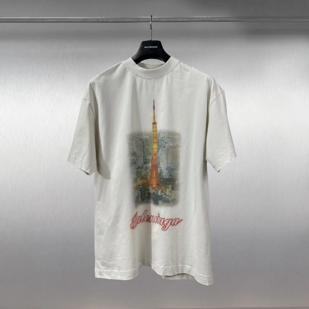Balenciaga 2025 Beige Tokyo Tower Print Oversized T-Shirt