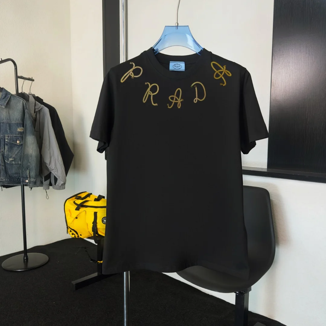 Prada 2025 Black Crewneck T-Shirt (Double Shoulder, Logo)