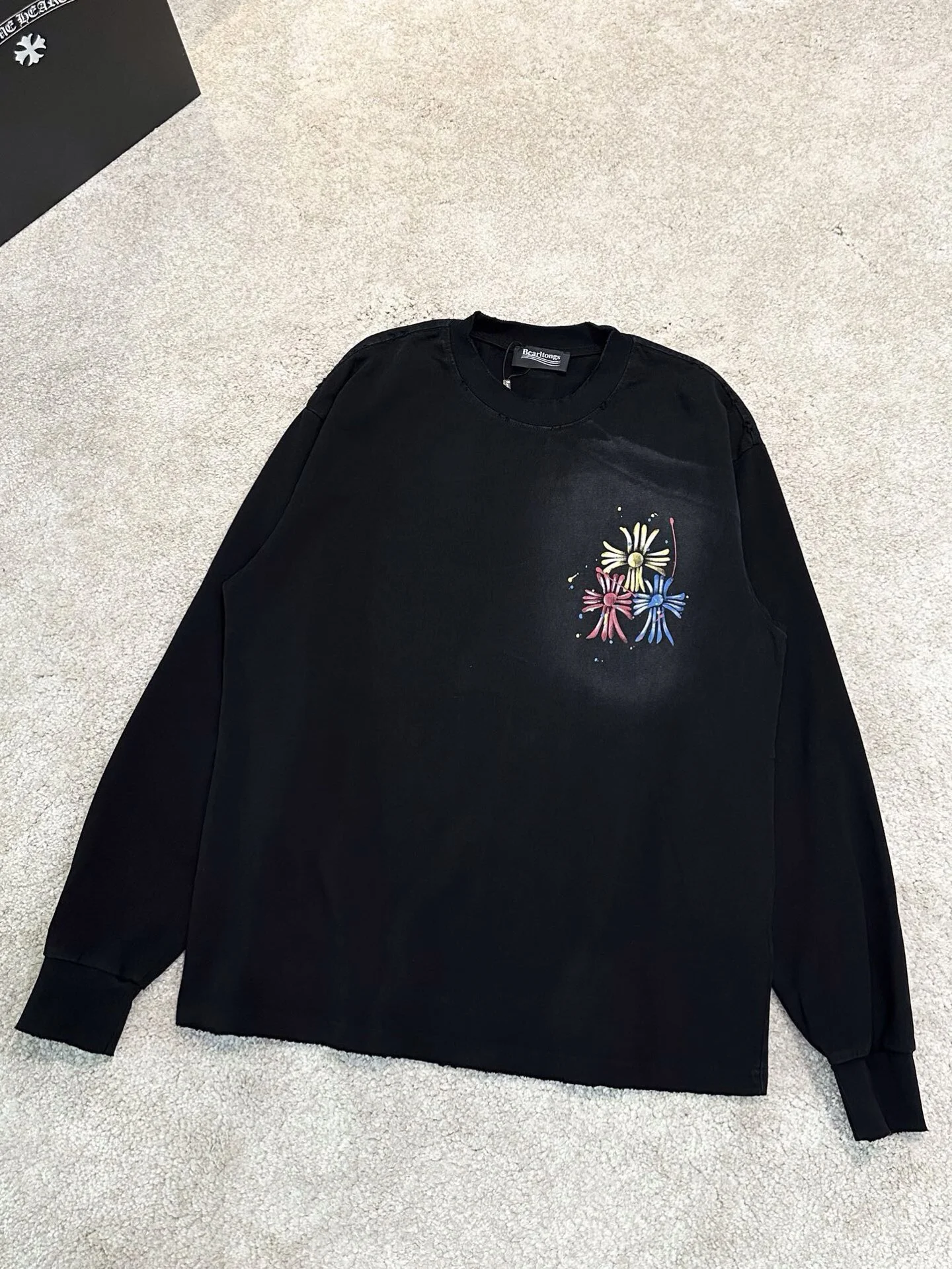 Bearltongs Washed Black Cross Flower Print Long-Sleeve T-Shirt