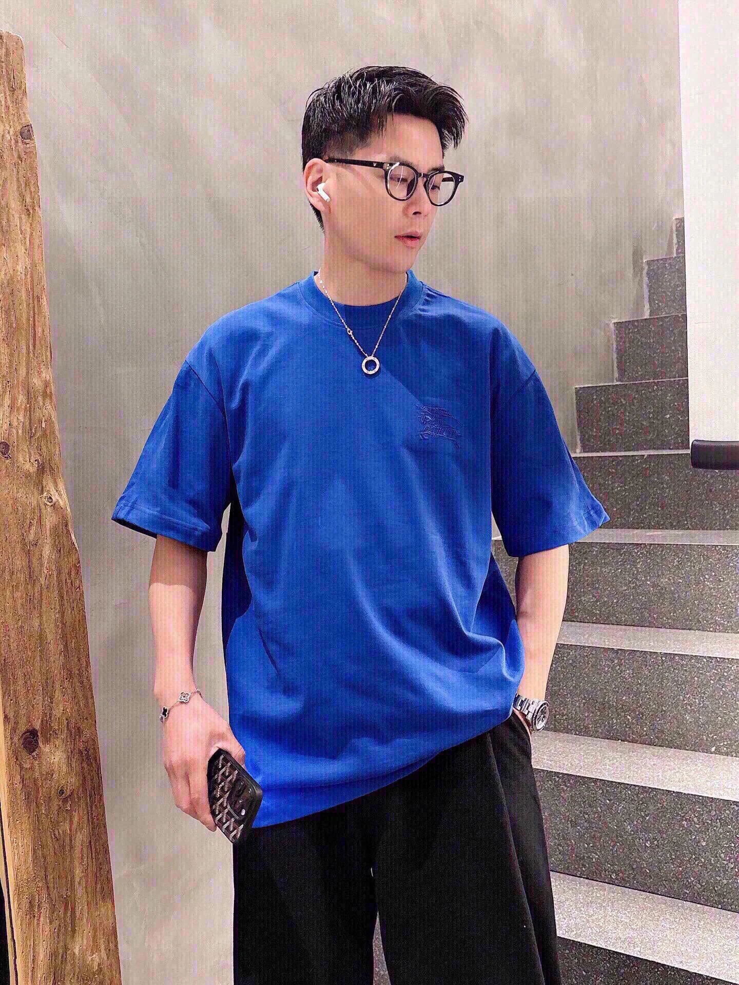 Burberry Blue Embroidered Logo Crew Neck T-Shirt