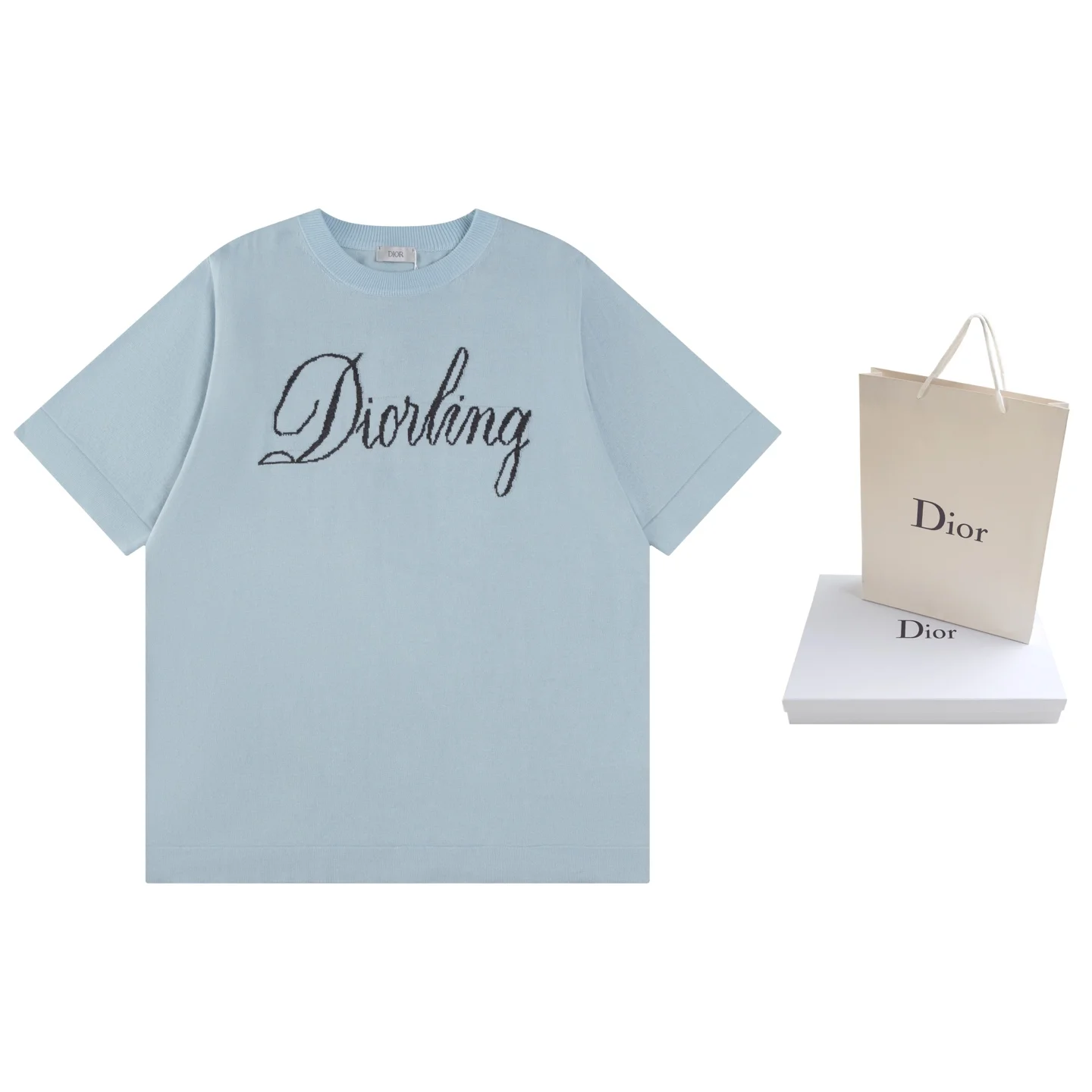 Dior 25ss Blue Wool-Blend Knit T-Shirt With Diorling Motif