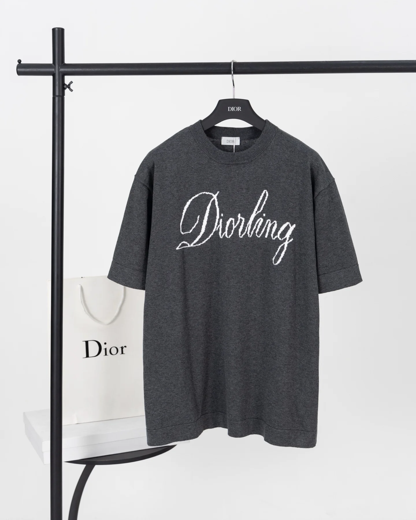 Dior 25ss Gray Knit T-Shirt With Diorling Logo, Ribbed Collar