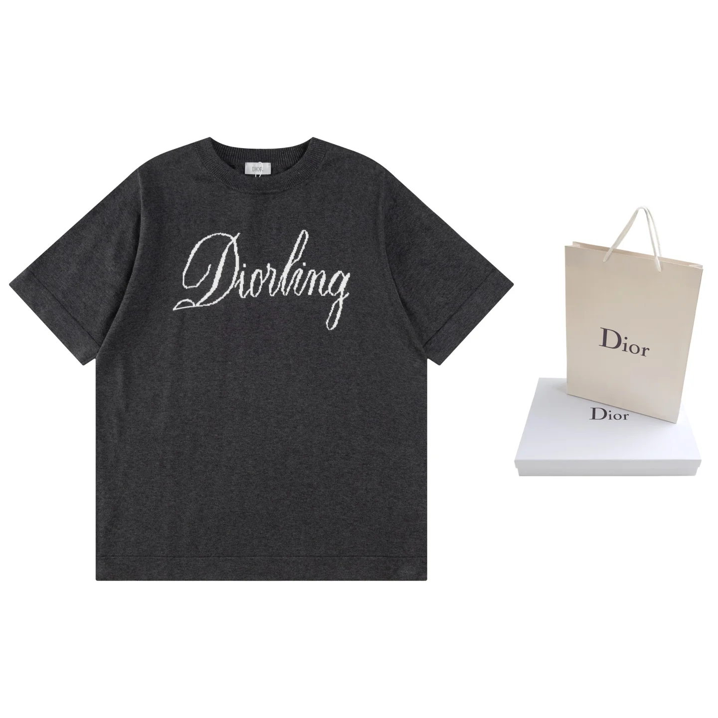 Dior 25ss Gray Knit T-Shirt Intarsia Logo Ribbed Neck
