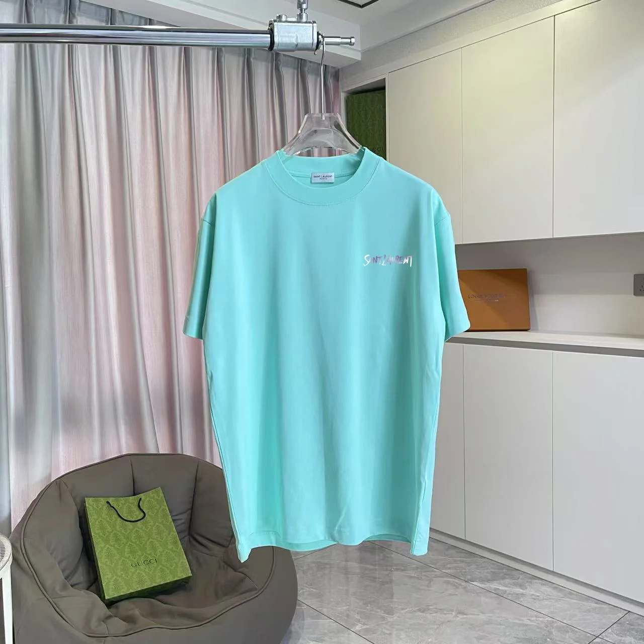 Saint Laurent 2025 Fall Turquoise Logo Print 300g Unisex T-Shirt