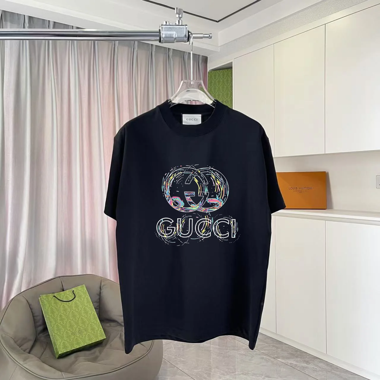 Gucci 2025 Fall Black Logo Print 300g Unisex T-Shirt