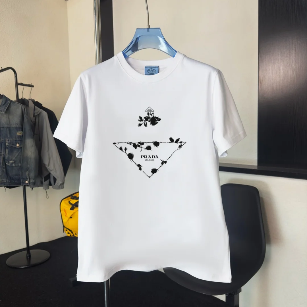 Prada 2025 White Rose-Pattern Round Neck T-Shirt