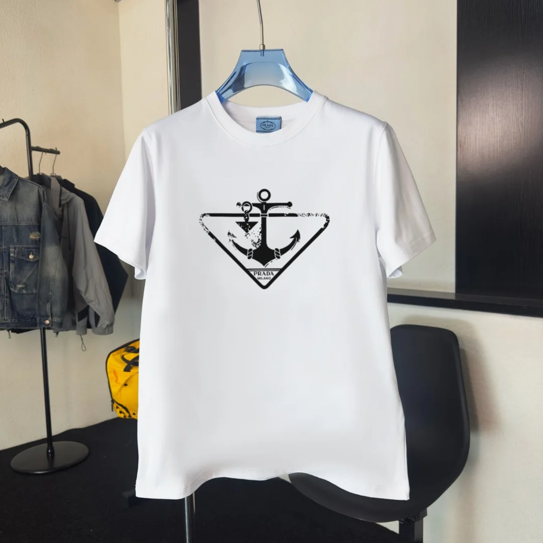 Prada 2025 High-Quality White Anchor Crew Neck T-Shirt