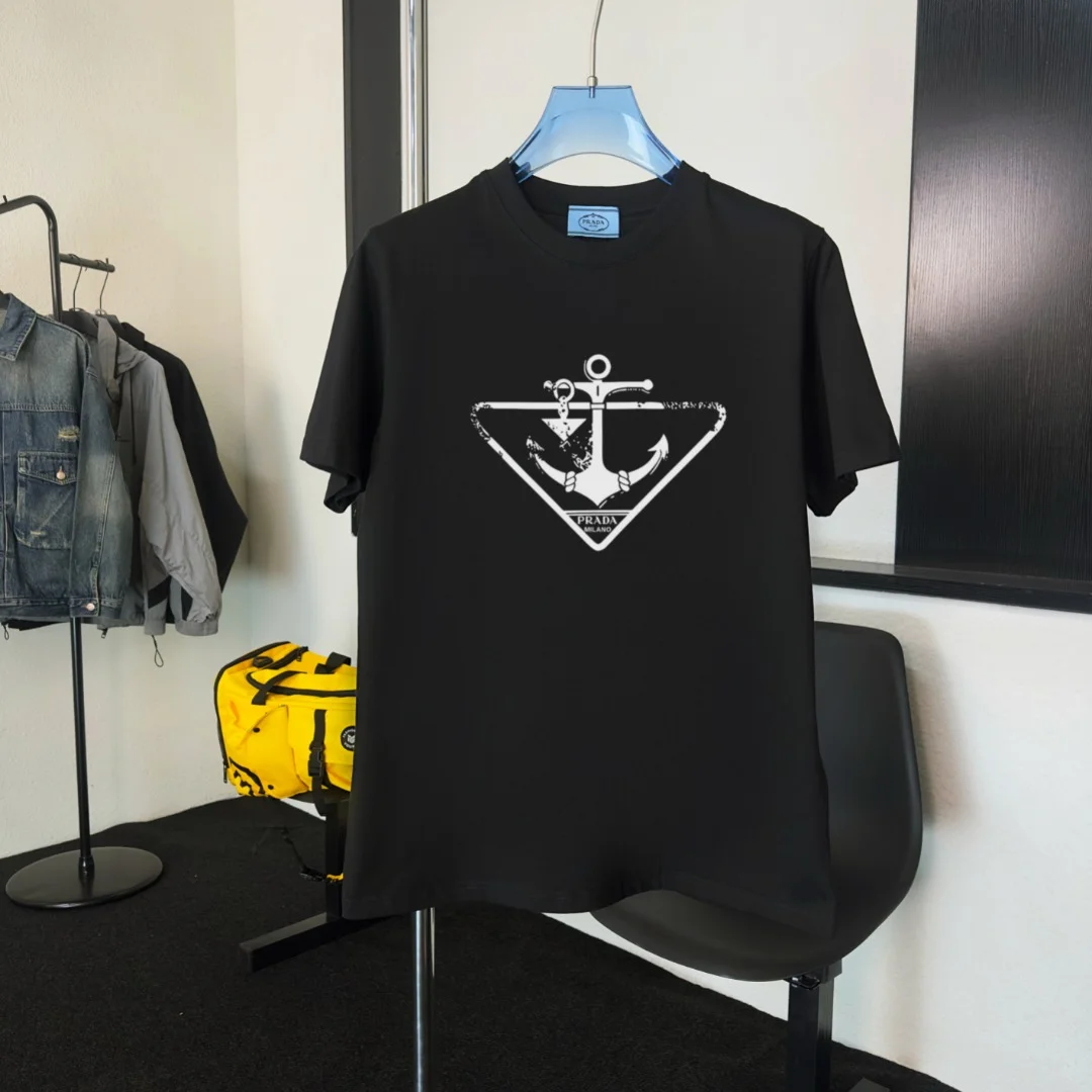 Prada 2025 Black Anchor Logo Crew Neck T-Shirt