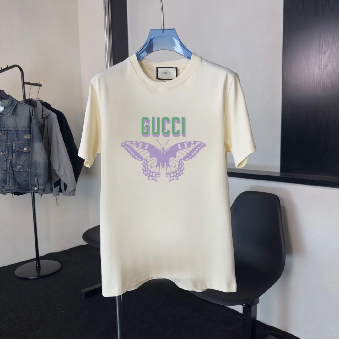 Gucci 2025 Apricot Butterfly Crew Neck T-Shirt