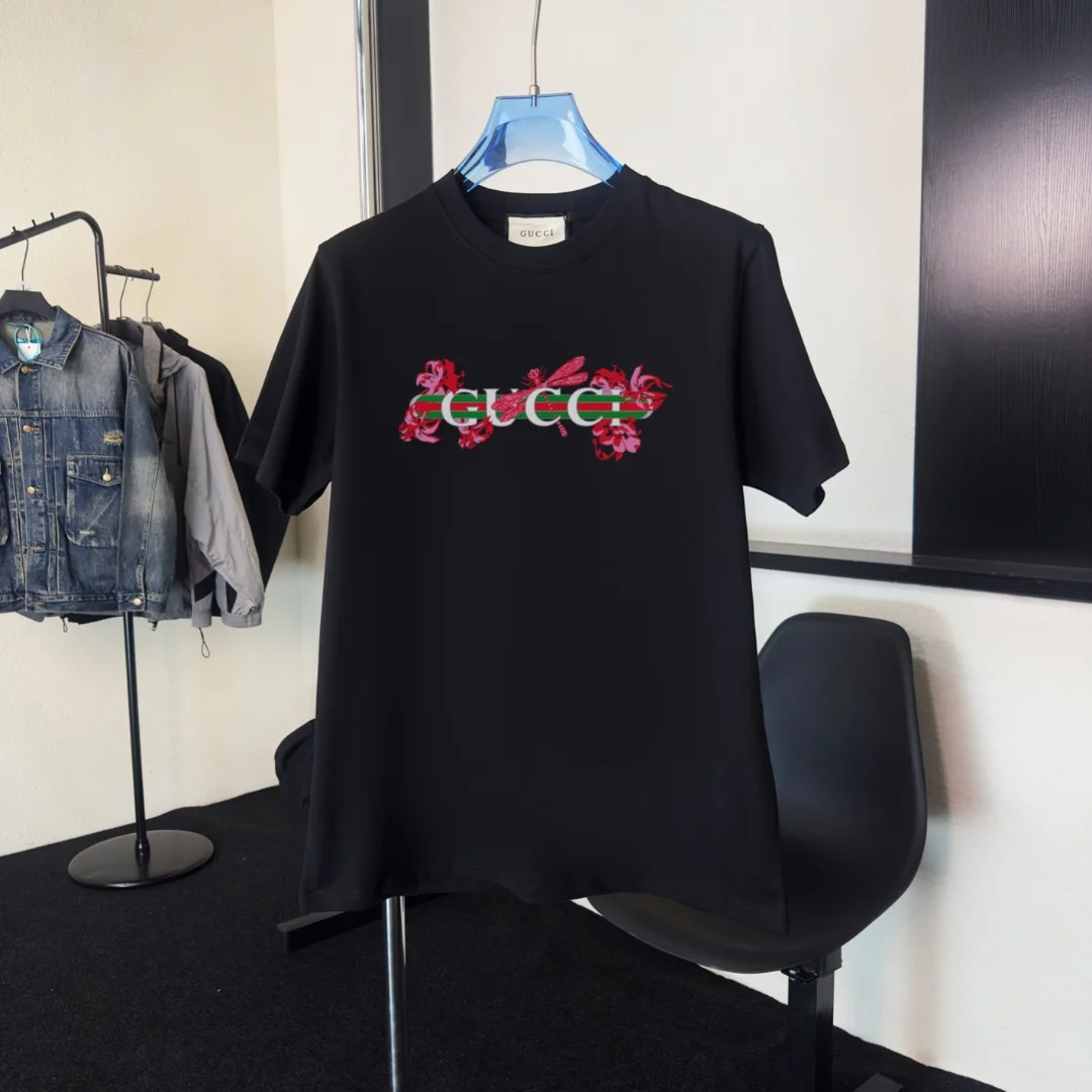 Gucci 2025 Black Floral Logo Crew-Neck T-Shirt Premium