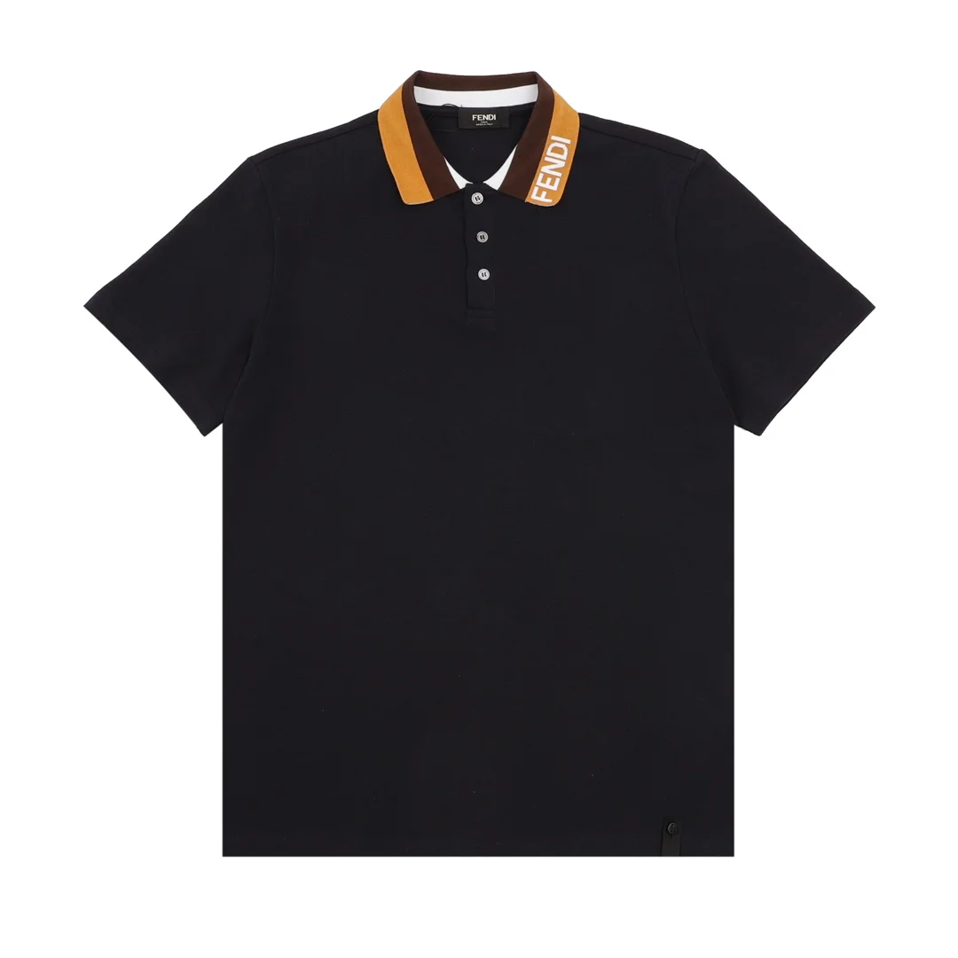 Fendi Black Short-Sleeve Polo With Lettered Collar Tape