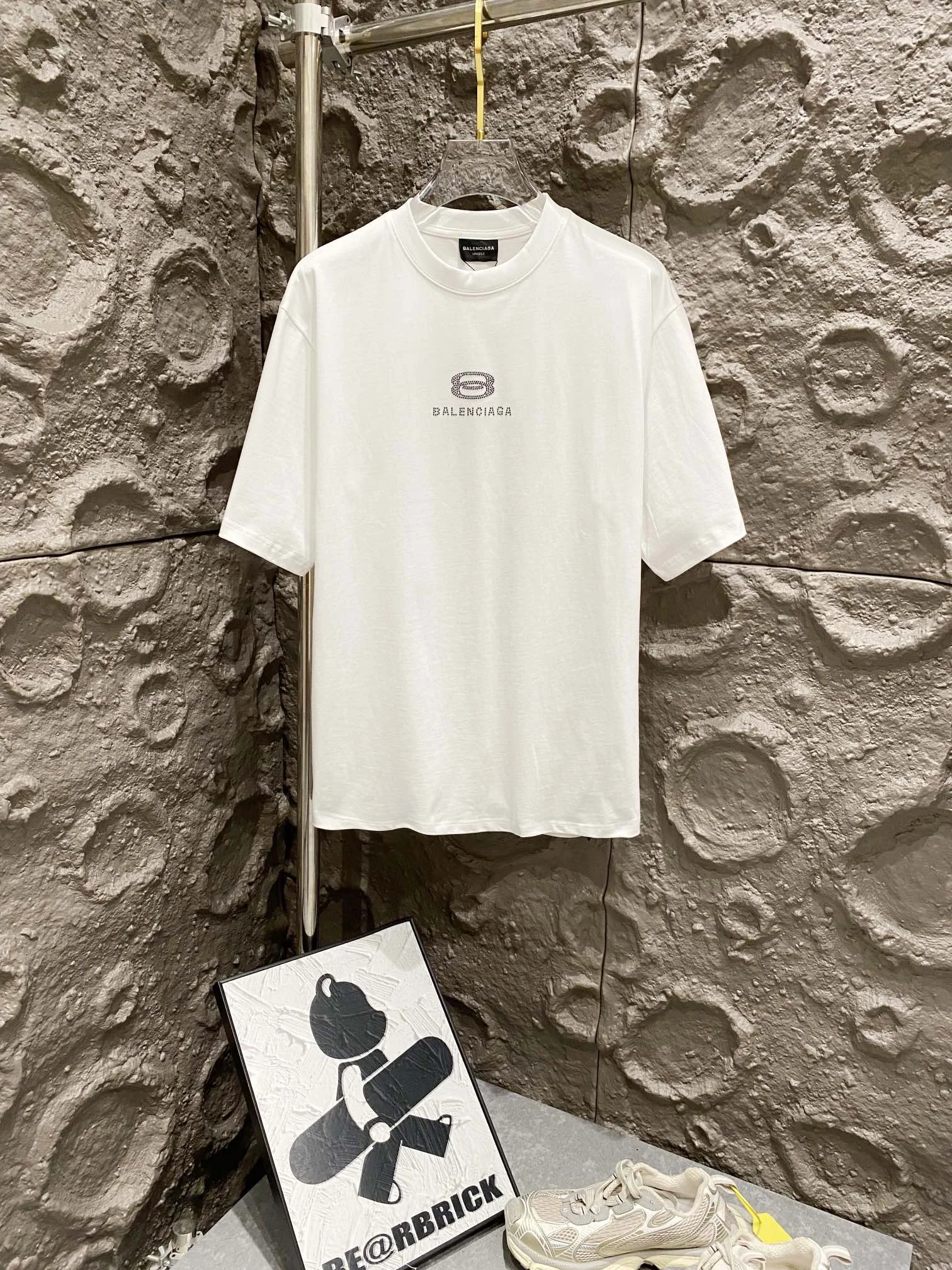 Balenciaga White Rhinestone Logo OS T-Shirt