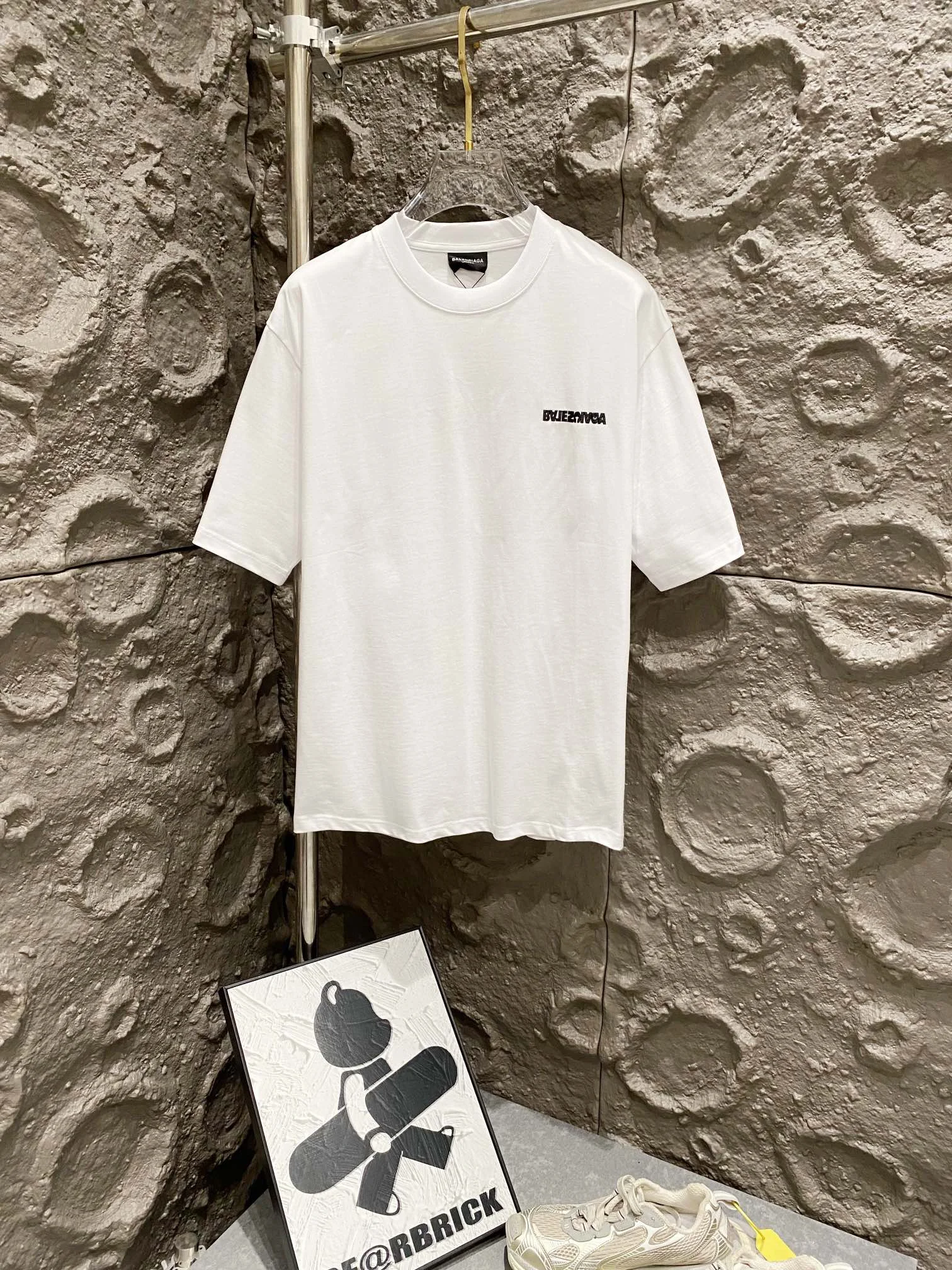Balenciaga White Rhinestone Logo Cotton Loose Couple T-Shirt