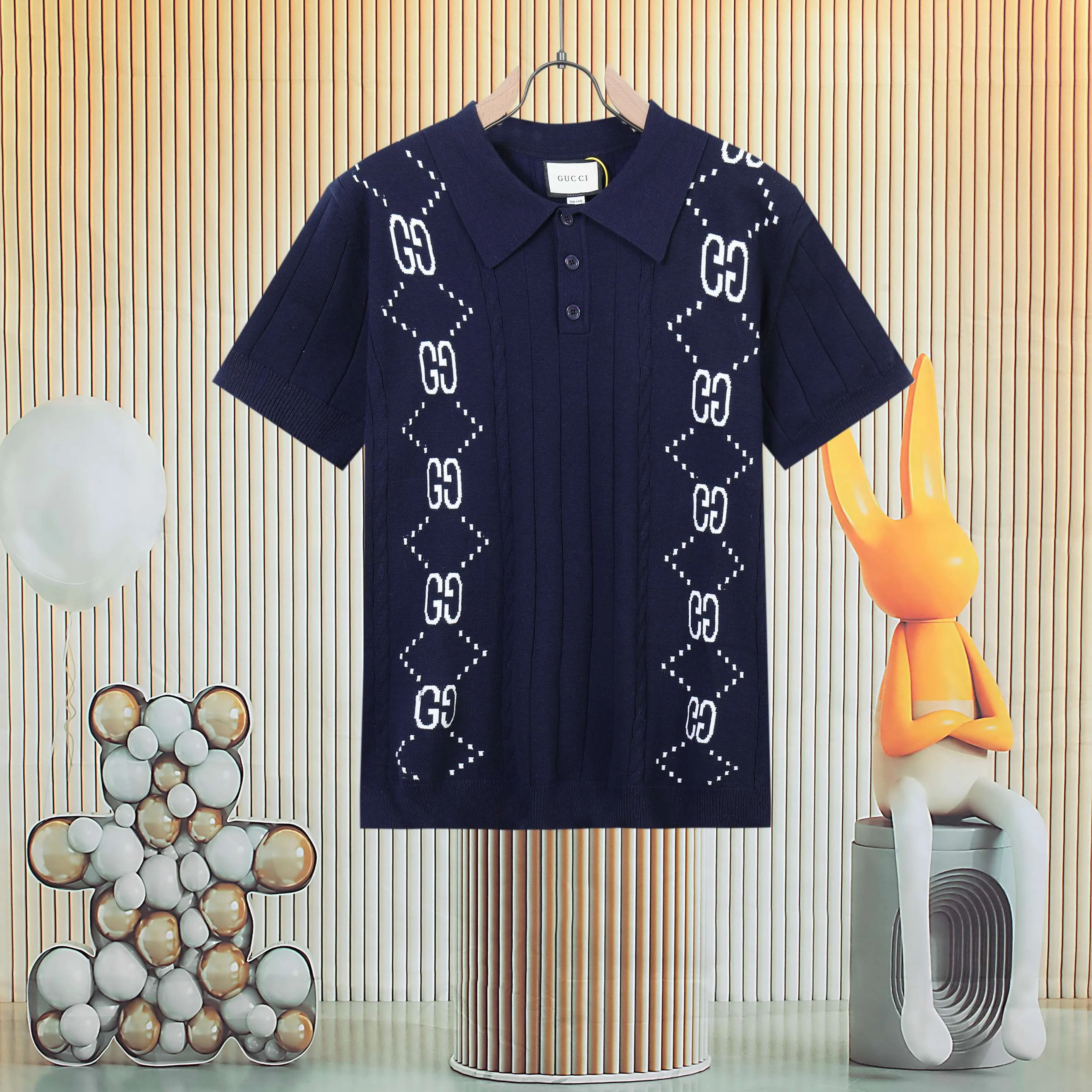 Gucci Deep Navy GG Jacquard Short-Sleeve Knit Polo