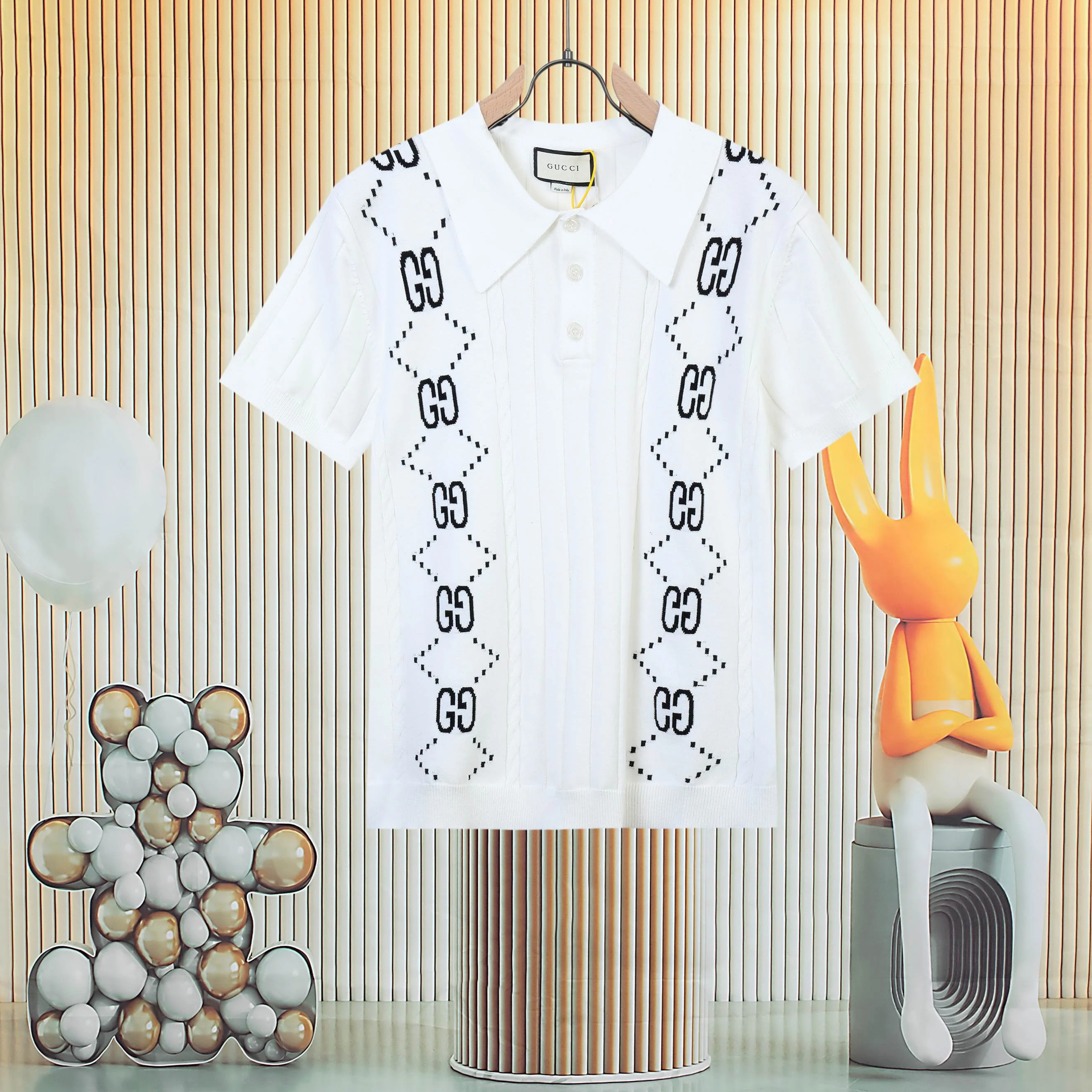 Gucci Ivory White Jacquard Short-Sleeve Loose Knit Polo