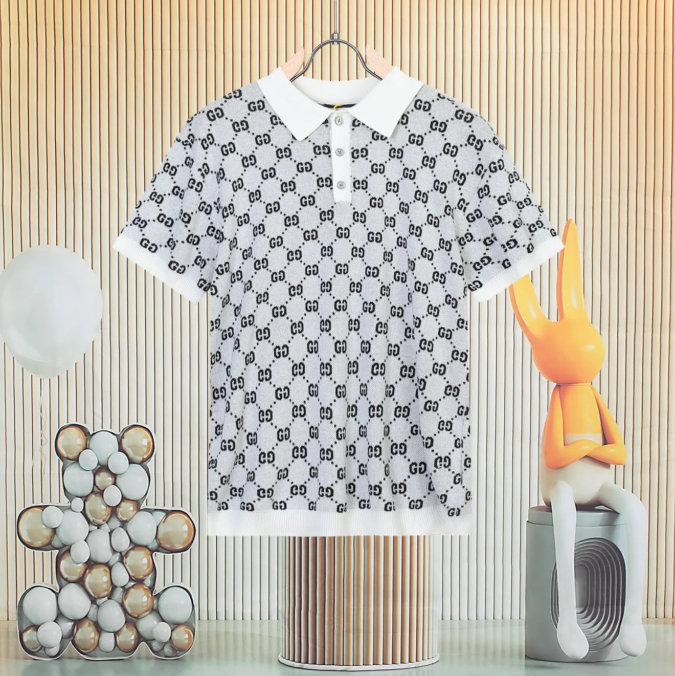 Gucci White GG Jacquard Knitted Short-Sleeve Polo