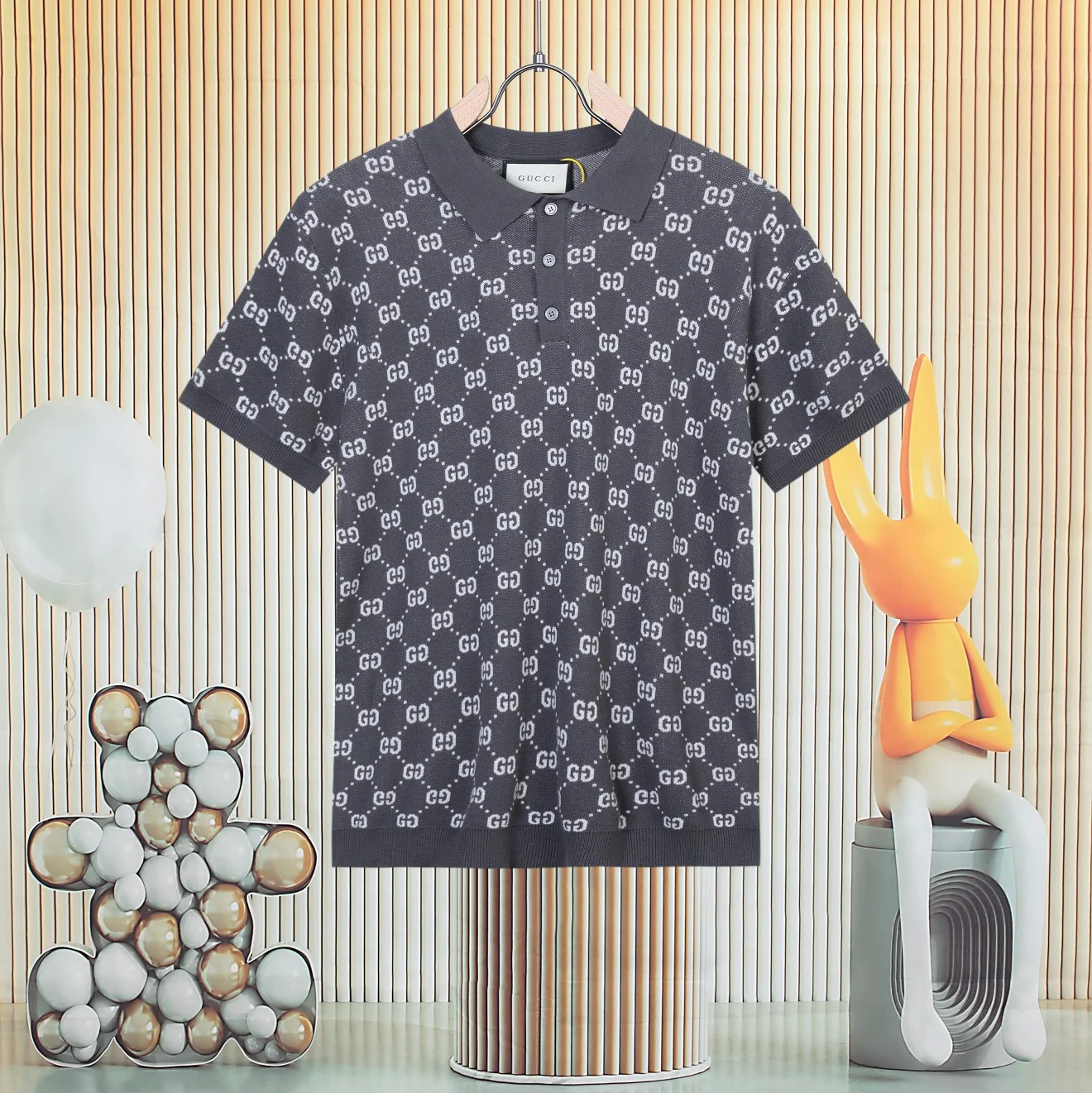 Gucci Dark Gray GG Jacquard Knit Short-Sleeve Polo