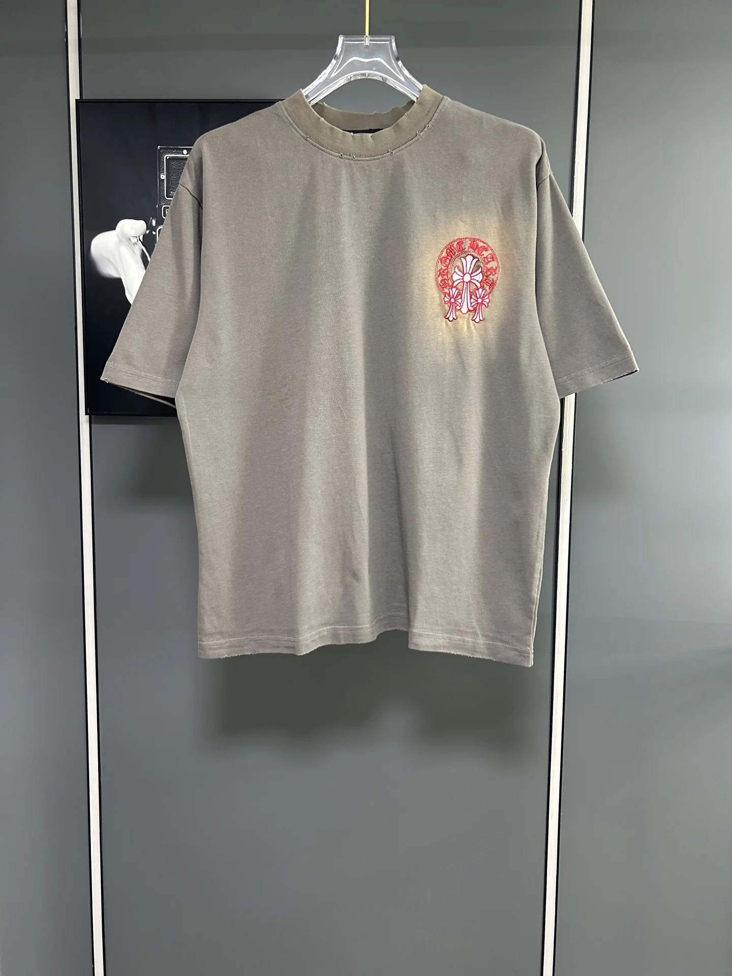 Chrome Hearts Gray Washed Distressed Embroidered Logo T-Shirt