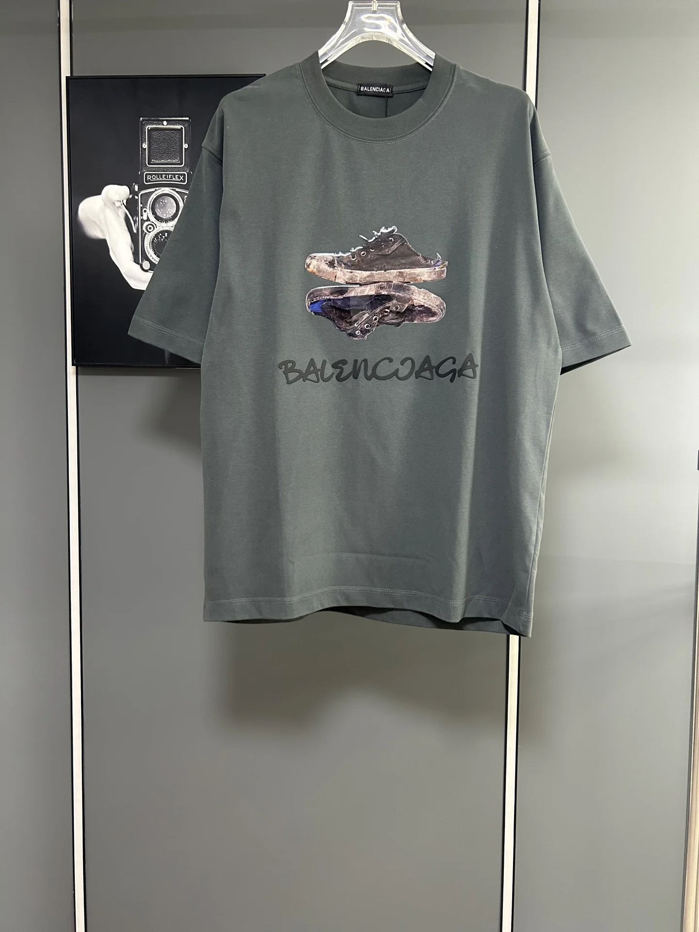 Balenciaga Olive 380g Loose Shoes Print T-Shirt