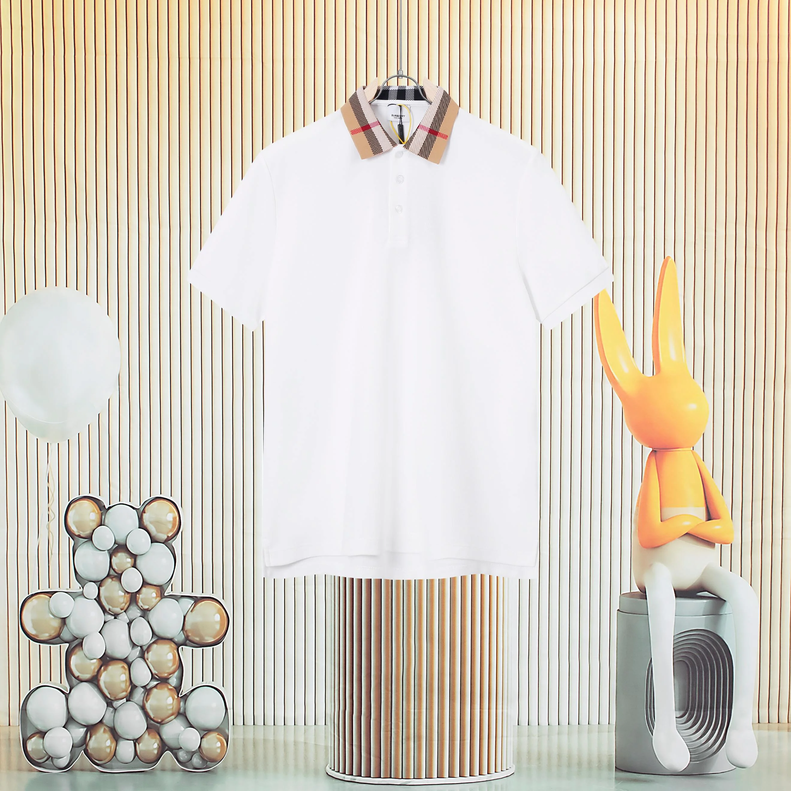 Burberry White Check Collar Color-Block Polo