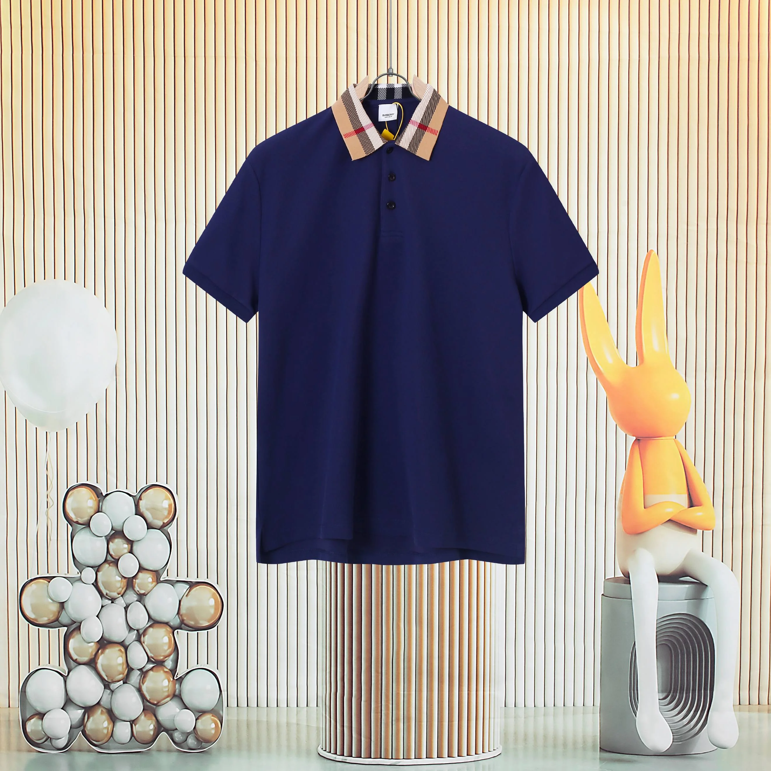 Burberry Navy Blue Check Collar Polo Shirt