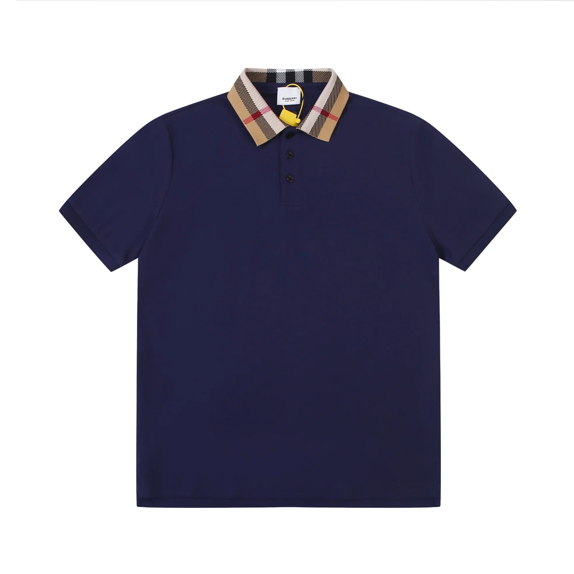 Burberry Navy Blue Check Collar Short Sleeve Polo