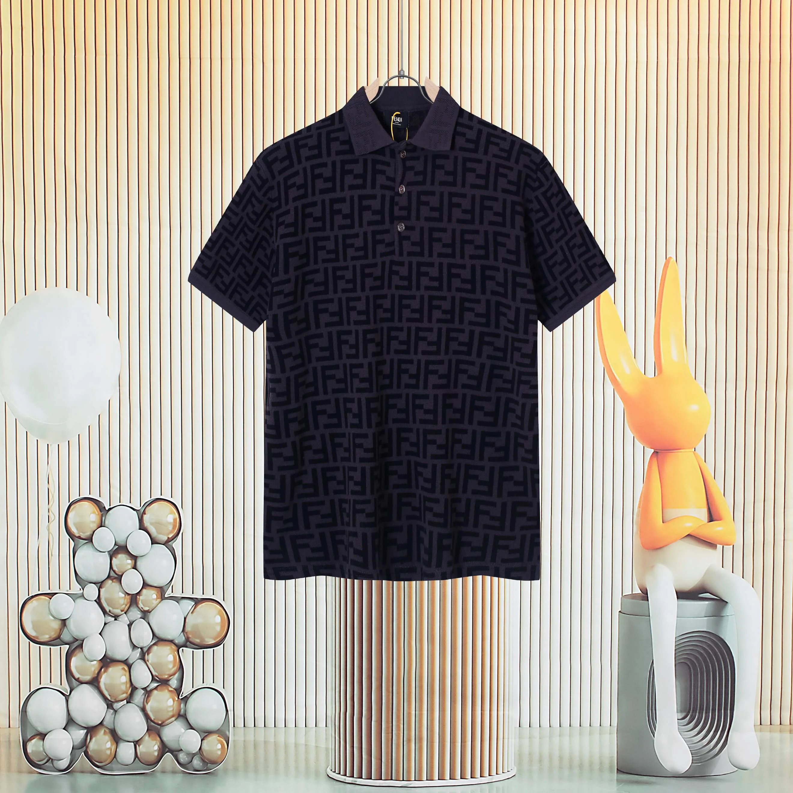 Fendi Black Classic Logo Jacquard Knit Polo (Unisex)