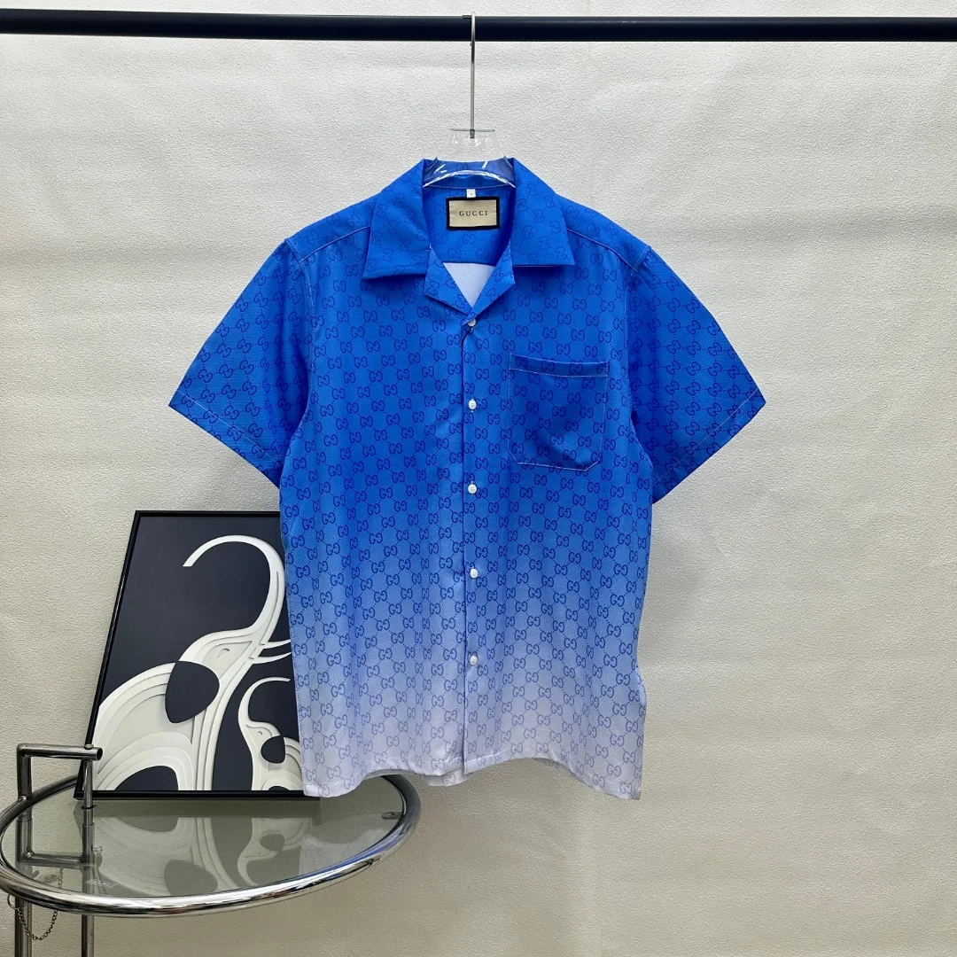 Gucci GG All-Over Print Blue-White Gradient Short Sleeve Shirt