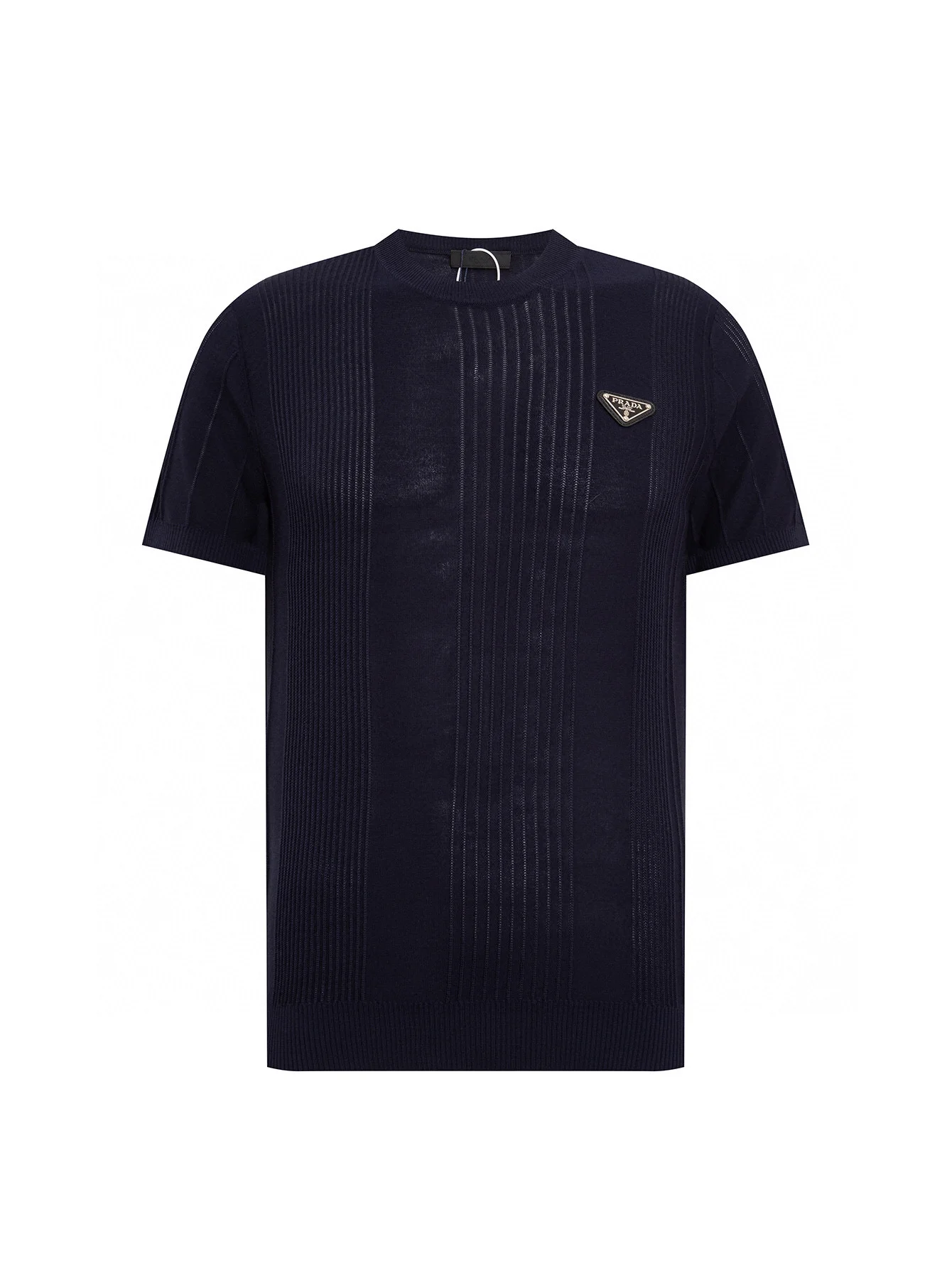 Prada Navy Crewneck Knit T-Shirt With Triangle Logo