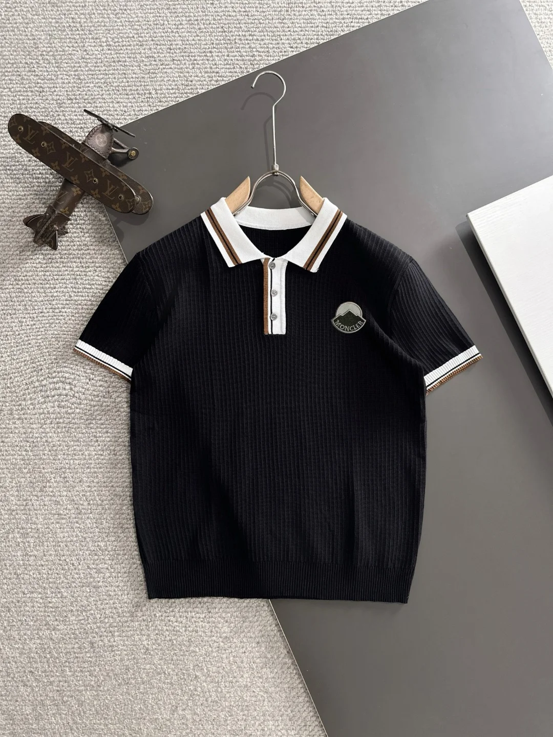 Moncler 2025 Black Embroidered Knitted Cotton Polo