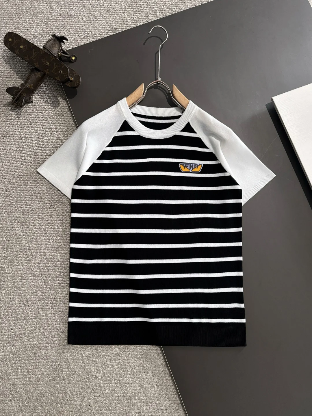 Fendi 2025 Men's Black&White Striped Embroidered T-Shirt