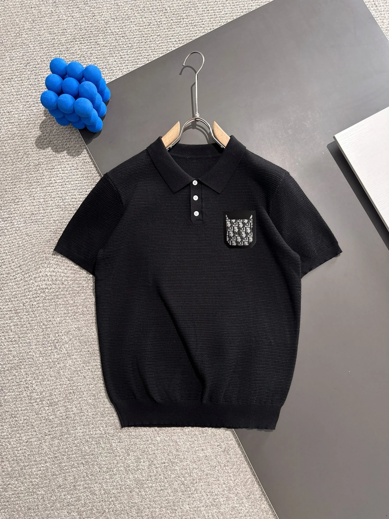 Dior 2025 Summer Men's Black Knit Polo With Dior Logo Pkt