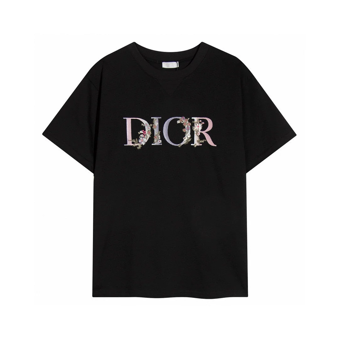 Dior Floral Embroidered Logo Black Oversize Crewneck T-Shirt