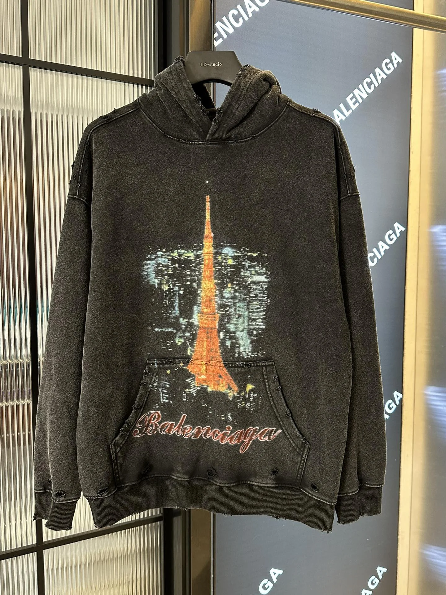 Balenciaga Black Tokyo Tower Vintage Distressed Hoodie