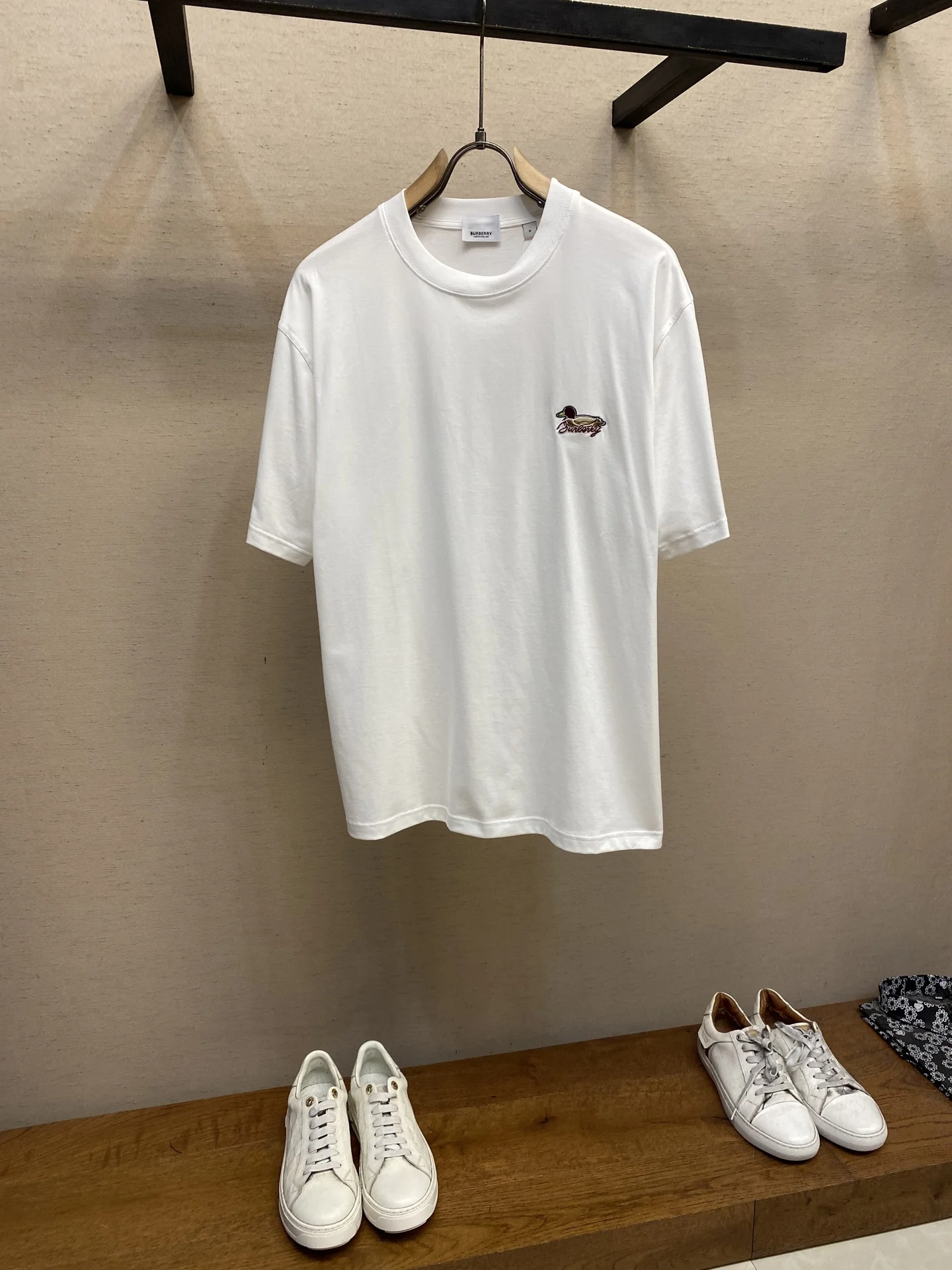 Burberry White Cotton Stretch Loose Duck Embroidered T-Shirt